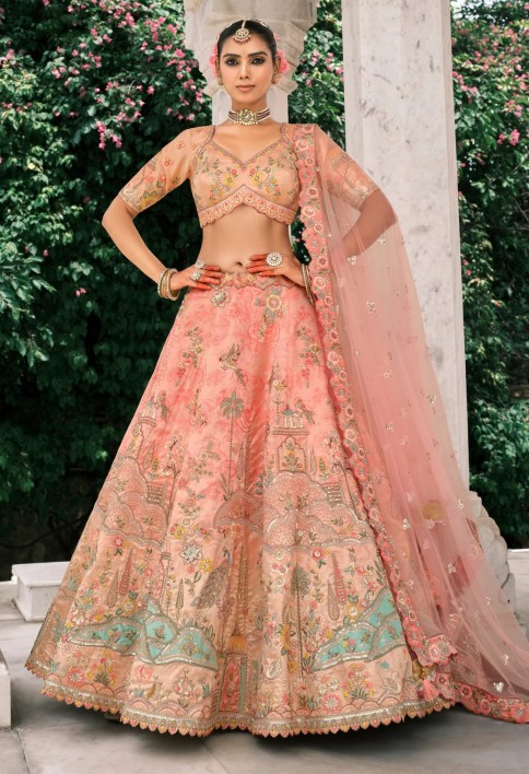 Peach Pink Fancy Silk Lehenga Choli With Cut Work Embroidery Border & Stone Work